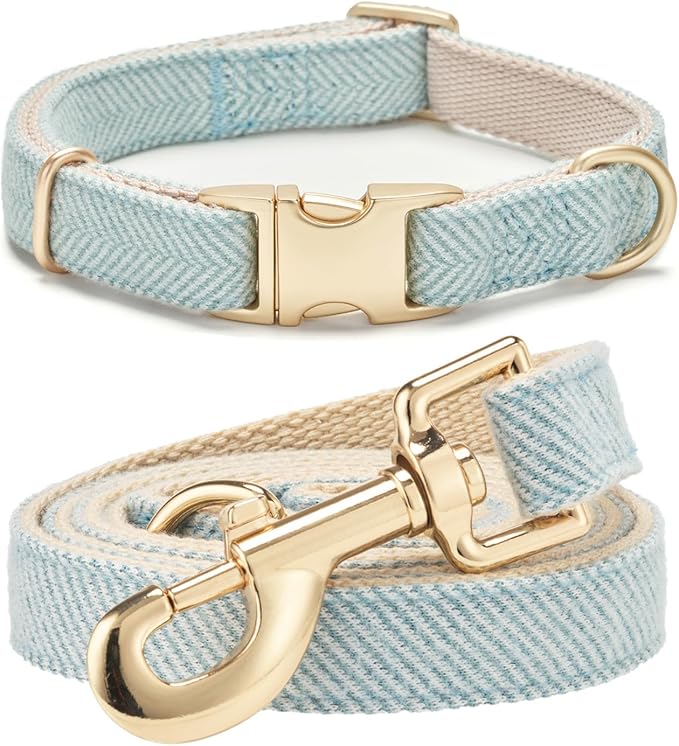 Ewinoom Soft Hemp Dog Collar and Leash Set Adjustable Woven Tweed Dog Collars with Metal Buckle and Lead for Small Medium Large Dogs,Blue