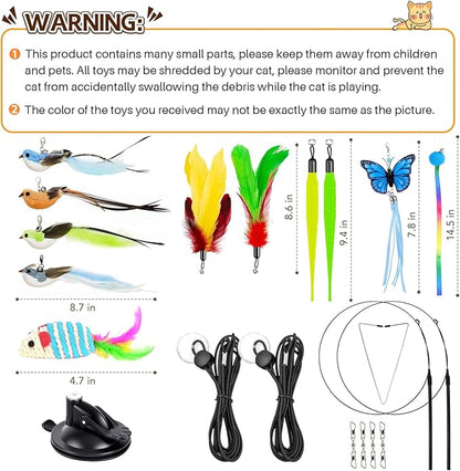 HONGDDY Interactive Bird Simulation Cat Toys，4 in 1 Cat Toys for Indoor Cats, 4 Replacement Birds，Hanging Door Kitten Wand with Suction Cup Removable Feathers Balls Mice Butterfly Streamers