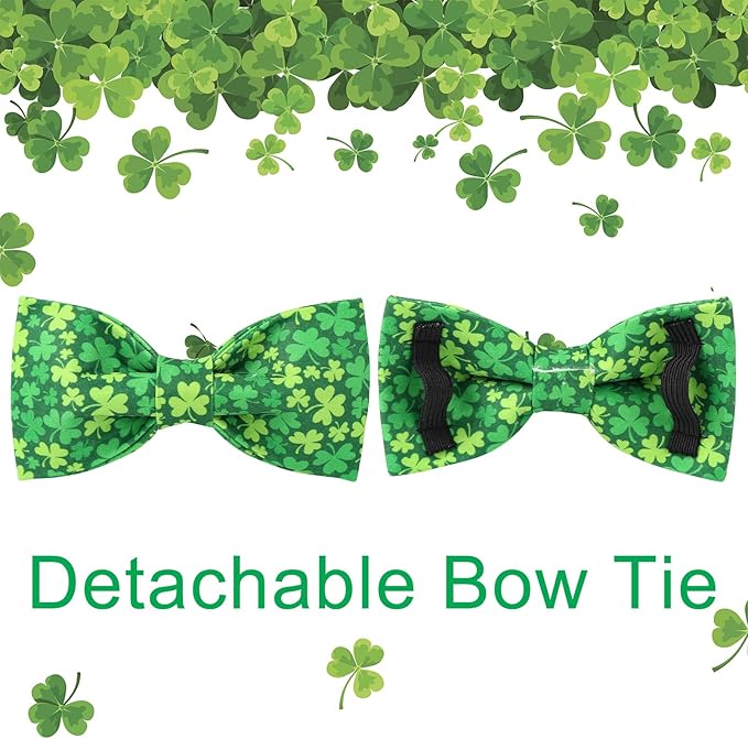 St. Patrick's Day Dog Collar with Bow Tie, Lucky Shamrock Bowtie Collar Adjustable for Girl Boy Dog, Trefoil Dogs Collars Durable, Spring Green Collars for Dogs, M, Neck 13.5-22in