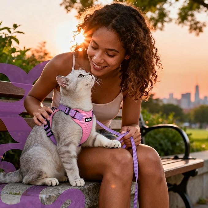 rabbitgoo Cat Harness and Leash for Walking, Escape Proof Soft Adjustable Vest Harnesses for Cats, Easy Control Breathable Reflective Strips Jacket, Pink & Purple, XXS