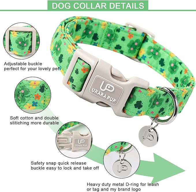 St. Patrick's Dog Collar, Cotton St. Patricks Clover Collar for Puppy Girl Boy Dog or Cat, Lucky Shamrock Dog Collar with Quick Release, Spring Green Dog Collars