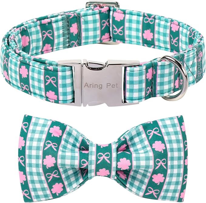 ARING PET St Patrick's Day Dog Collar, Cute Green Pet Shamrock Bowtie Collars with Metal Buckle for Puppy Small Medium Large Boy Girl Dogs-S
