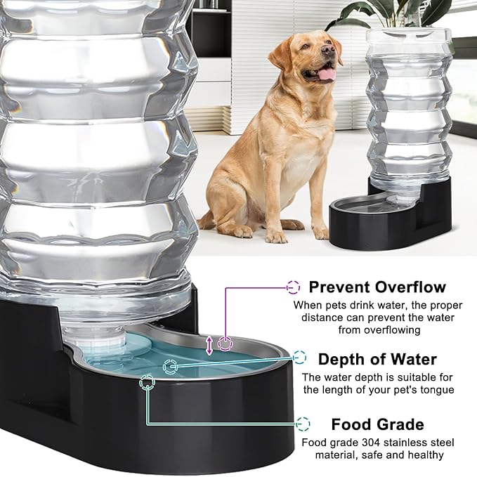 RIZZARI Large Dog Water Dispenser: 9L Black 304 Stainless Steel Gravity Feeder with Filter- Detachable Bowl -Spill-Proof - for Active Large Dog Owners & Multi-Pet Households - Home Garage Balcony