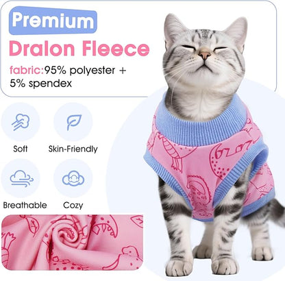 DENTRUN Sleeveless Cat Vest with Dinosaur Print, Breathable Ultra-Soft Dralon Fleece Cat Sweater, All-Season Pet Costume Apparel for Cats, Kitten Clothing for Indoor/Outdoor, Pink, M