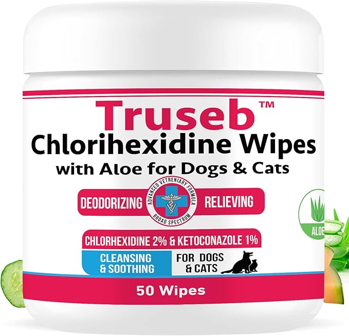 Pet Health Pharma Truseb Topical Ketoconazole and Chlorhexidine Wipes for Dogs, Cats and Horses - with Aloe for Cleansing - 50 Count (Ketoconazole & Chlorhexidine Wipes, 50 Count)