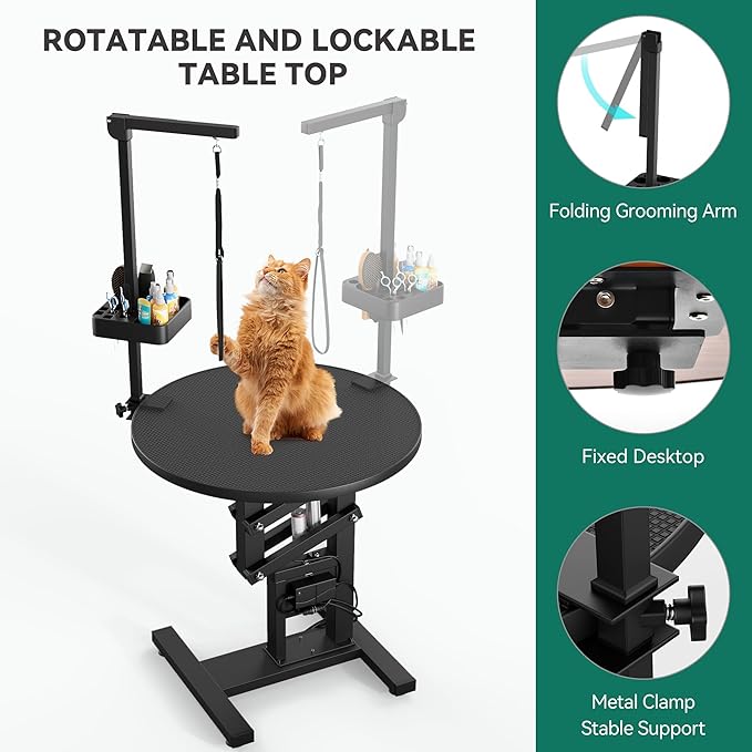 YITAHOME Electric Lift Dog Grooming Table 24" Rotating Desktop Pet Grooming Table for Dogs at Home, Adjustable Overhead Arm & Tool Organizer Dog Grooming Station, Black