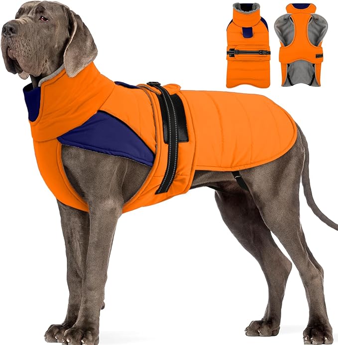 MIGOHI Thermal Large Dog Fleece Jacket - Rainproof Coat for Large Dogs, Thick Dog Winter Coat,Snow Jacket for Dogs Windproof for Hunting Camping,Windy Chilly Days,Doberman,Great Dane,3XL,Orange