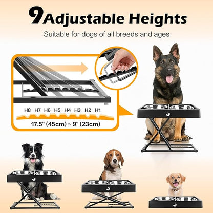 Joytale Metal Stand Elevated Dog Bowls, Heavy Duty 9 Adjustable Height from 9" to 17.5" Dog Food Stand, 2 Stainless Steel Bowls, Non-Slip and Non Spill Raised Food & Water Station for Large Breeds
