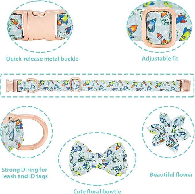 Dog Collar and Leash Set Adjustable Girls Puppy Floral Collars with Bow Tie for Small Medium Large Dogs(XS, Rocket)