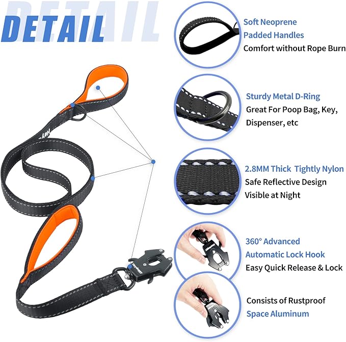 Strong Heavy Duty Dog Leash - 4ft Reflective Nylon Training Leash with Soft Padded Double Handle & Auto Lock Frog Clip - Safety Traffic Control for Large Medium Small Dog No Pull Walk Black Orange,4ft