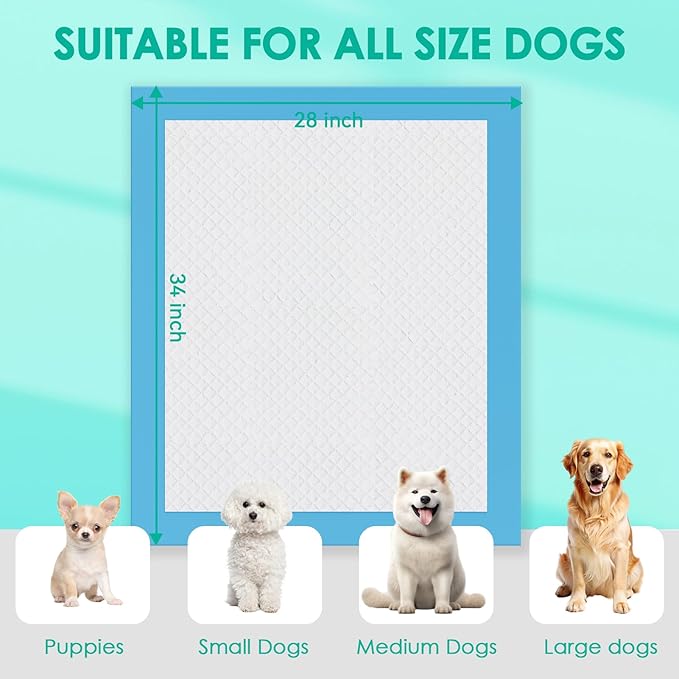 JollyMate 28"x34" Dog Pee Pads Extra Large, 100 Pack X-Large Super Absorbent Pet Pee Pads with Adhesive Tabs, 6 Layers Thick Leak-Proof Potty Pads for Dogs and Puppies