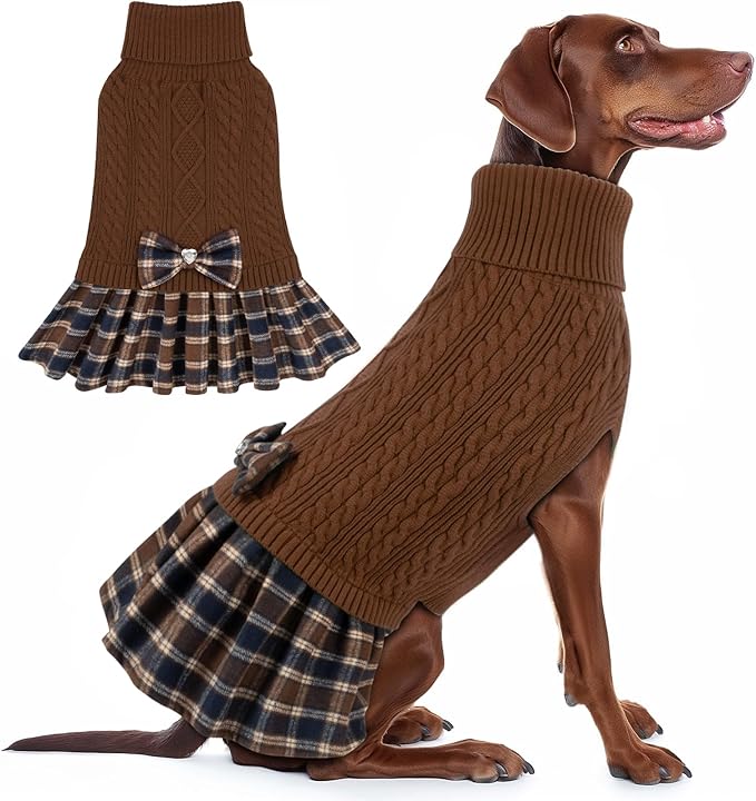 KYEESE Dog Sweater Pullover Dog Sweaters for Large Dogs Soft Turtleneck Pet Sweater Dress with Bowtie Stretchy Knitwear Pets Sweaters Thick Dogs Clothes Warm Comfy Pet Coats, Brown, XXX-Large