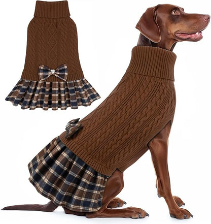 KYEESE Dog Sweater Pullover Dog Sweaters for Large Dogs Soft Turtleneck Pet Sweater Dress with Bowtie Stretchy Knitwear Pets Sweaters Thick Dogs Clothes Warm Comfy Pet Coats, Brown, XXX-Large