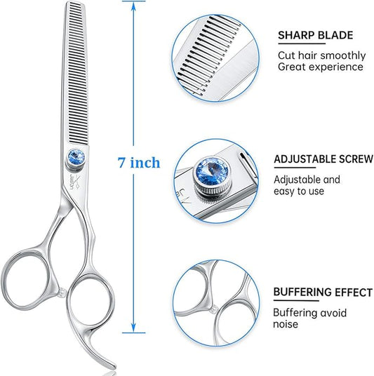 JASON 7" 50 Teeth Thinning Dog Grooming Blending Scissor, Ergonomic Pet Grooming Thinner Blender Shears Cat Trimming Texturizing Kit with Offset Handle and a Jewelled Screw 30% Thinning Rate Christmas