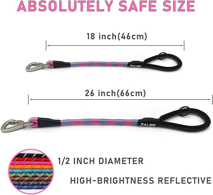 ZALER Short Dog Leash, 18 Inches Rope Traffic Leashes for Dogs, Reflective Dog Lead with O-Ring, Heavy Duty Pet Leash for Large and Medium Dogs (18'' Blue Pink)