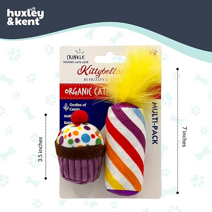 Huxley & Kent Plush Cat Toy - Interactive Catnip Toy for Cats & Kittens - Soft with Crinkle & Catnip - Fun Indoor Play - Mewow Cupcake & Candle, 2pk