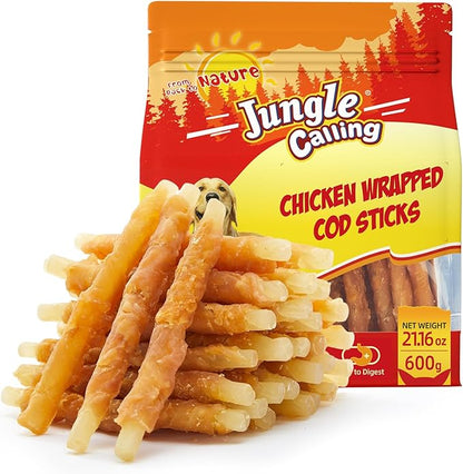 Jungle Calling Rawhide Free Dog Treats, Chicken Wrapped Cod Sticks for Dogs, Easily Digestible Long Lasting Dog Chews, Soft Dog Treats for Training Small Medium Dogs, 1.32 lb