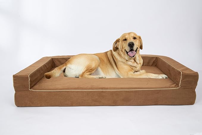 Mama halo Orthopedic Dog Bed with Memory Foam, Waterproof Liner, 3-Sided Bolster Design, Mocca Mousse, Medium, Machine Washable Cover, 34 x 22 Inches