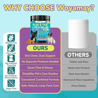 Woyamay Flea & Tick + Itch Relief for Dogs Chewables, Flea and Tick Prevention for Dogs, Dog Allergy Chews, Dog Itching Skin Relief & Skin Repair, Flea Treatment Dogs, 200 Soft Chews, Chicken Flavor