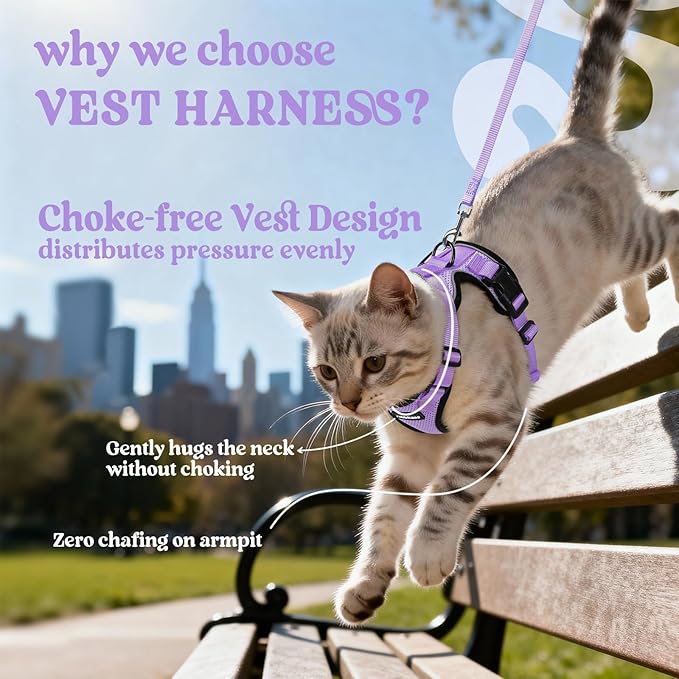 rabbitgoo Cat Harness and Leash for Walking, Escape Proof Soft Adjustable Vest Harnesses for Cats, Easy Control Breathable Reflective Strips Jacket, Light Purple, S