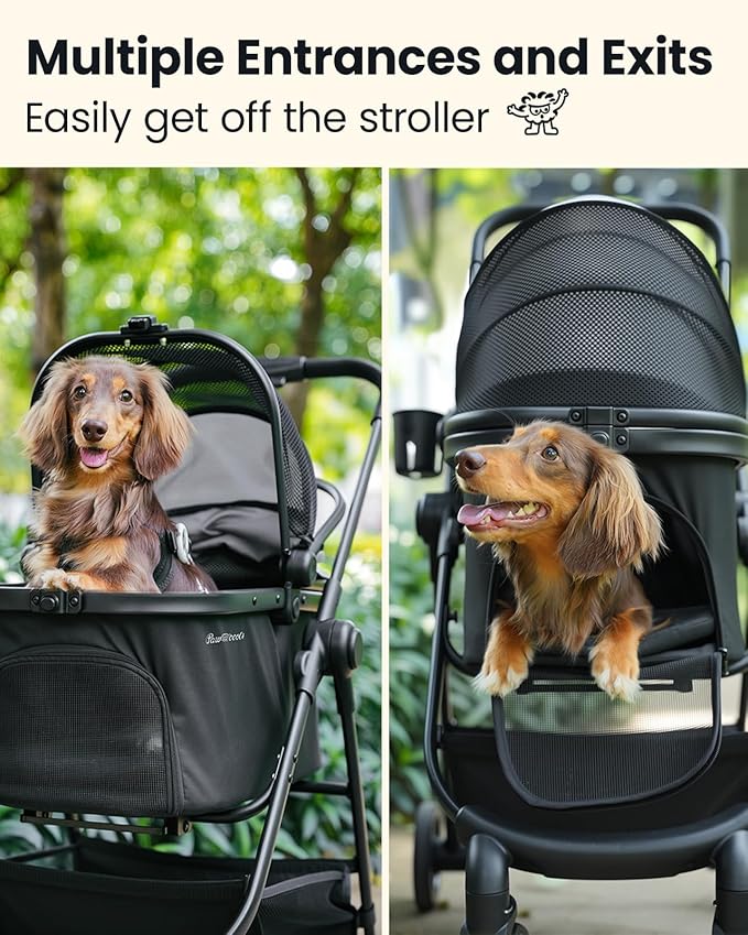 Pawccoli Pet Stroller for Small Dogs and Cats, One-Click Foldable Dog Stroller with Detachable Carrier & 3 Safety Tethers, Holds up to 33 lbs, Storage Basket & Cup Holder, Breathable Mesh, Black