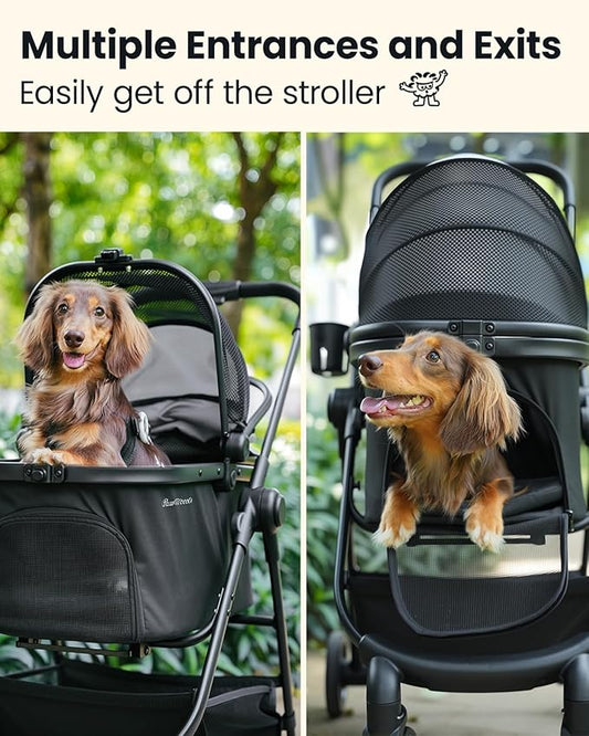 Pawccoli Pet Stroller for Small Dogs and Cats, One-Click Foldable Dog Stroller with Detachable Carrier & 3 Safety Tethers, Holds up to 33 lbs, Storage Basket & Cup Holder, Breathable Mesh, Black
