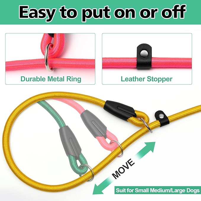3-Pack Adjustable No-Pull Dog Slip Leads 3 Colors (Yellow/Pink/Green) - Dogs' Fave Hues, Easy On/Off, No Collar Needed, Ideal for Training & Walking