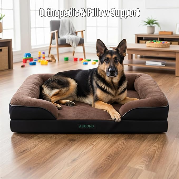 Orthopedic Egg-Shaped Sponge Dog Bed Medium Size Dog with Sides, Removable Cover and Non-Slip Bottom (Brown, 42 * 32 * 8.5)