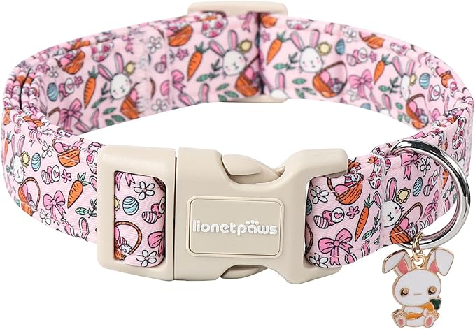 Lionet Paws Cute Pink Rabbit Eggs Dog Collar with Plastic Buckle, Medium Size, Cotton Material, Unique Design, Suitable for Medium Dogs