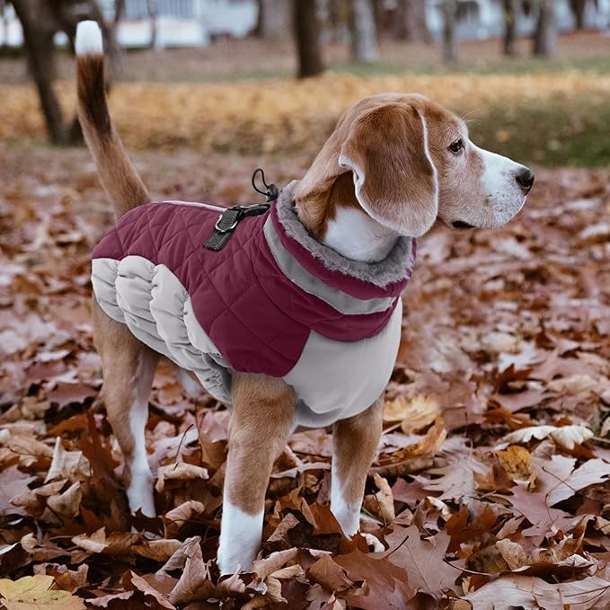 Lelepet Dog Coat Warm Dog Winter Coat Waterproof Dogs Jacket with Harness Built in Reflective Pet Fleece Vest Zip-Up Cold Weather Coats for Large Dogs Turtleneck & Windproof Coats Pitbull Wine Red 2XL