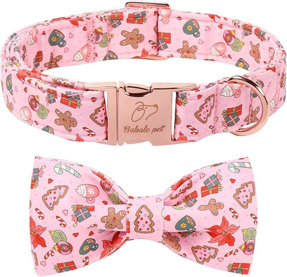 Christmas Dog Collar with Bow Tie - Sweet Chsiatmas Festival Pattern Pink Puppy Collar, Adjustable Metal Buckle Winter Bowtie Dog Collars for Small Medium Large Dogs M