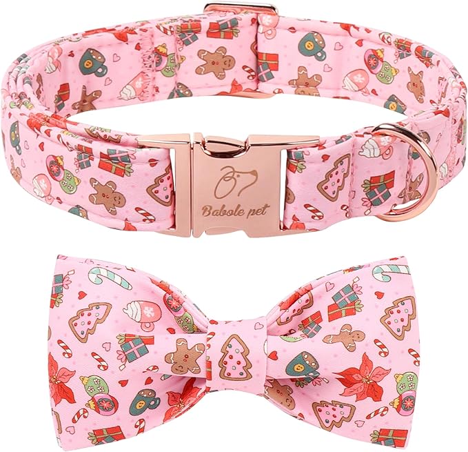 Christmas Dog Collar with Bow Tie - Sweet Chsiatmas Festival Pattern Pink Puppy Collar, Adjustable Metal Buckle Winter Bowtie Dog Collars for Small Medium Large Dogs XS