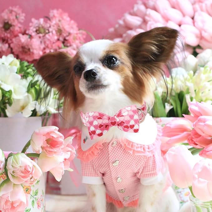 Valentines Dog Collar with Bow Tie - Love Heart Pattern Pink Bowtie Dog Collar Adjustable Heavy Duty Valentines Dog Collars for Small Medium Large Dogs L