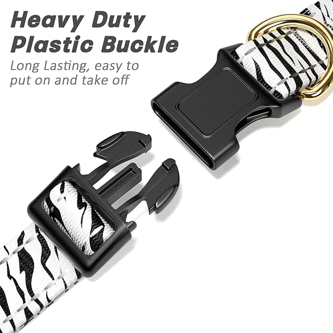 Reflective Dog Collar for Large Dogs, Cute Boho Adjustable Heavy-Duty Nylon Puppy Collar for Boy and Girl Female, Soft Pet Accessories with Quick Release Buckle, Stylish Zebra Print
