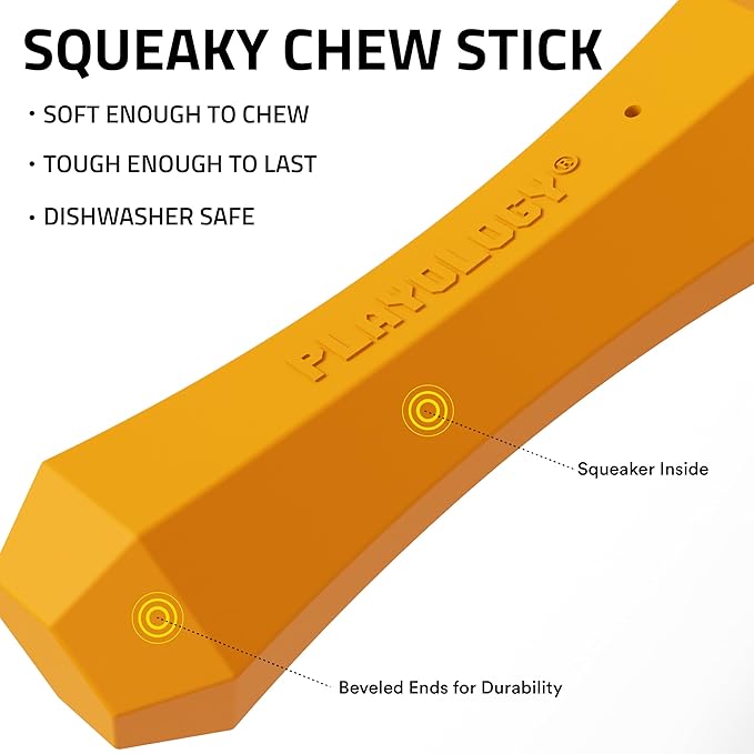 Playology Dog Toys | Durable Squeaky Chew Stick for Dogs | Medium Cheddar Cheese Scented Toy - Easy to Clean and Made from Non Toxic Materials
