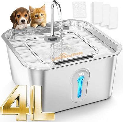 UPAWPIA 4L Large Capacity Cat Water Fountain Stainless Steel with 3 Filters Pet Water Fountain for Drinking Watering Supplies Pets Dog Small Animal Automatic Cat Water Dispenser for Cats Quiet Indoor