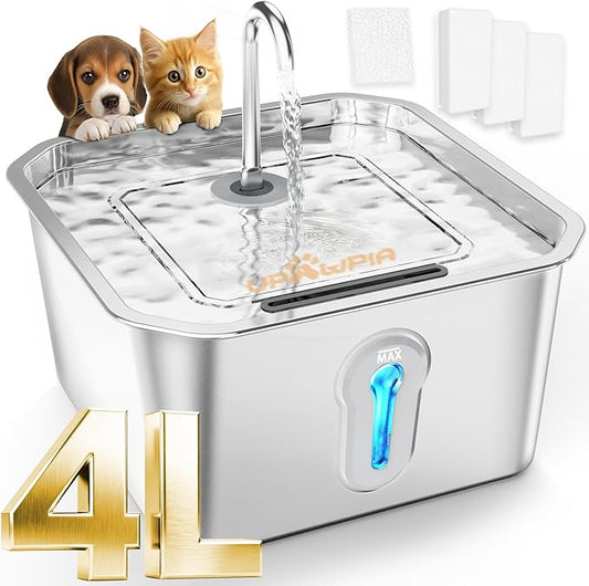 UPAWPIA 4L Large Capacity Cat Water Fountain Stainless Steel with 3 Filters Pet Water Fountain for Drinking Watering Supplies Pets Dog Small Animal Automatic Cat Water Dispenser for Cats Quiet Indoor