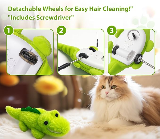 ZeLing HTL Interactive Cat Toys for Indoor Cats - Self-Charging Croc Chase Toy with 360° Motion, Wagging Tail & Catnip, Automatic Exercise Toy for Bored Kittens/Adults(Plush Fur)