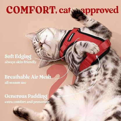 rabbitgoo Cat Harness and Leash for Walking, Escape Proof Soft Adjustable Vest Harnesses for Cats, Easy Control Breathable Reflective Strips Jacket, Red, M