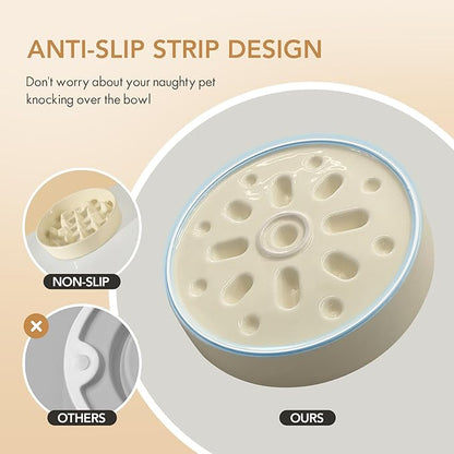 Ceramic 3.2 Cup Raised Slow Feeder Dog Bowl Set, Elevated 8.2inch Bowl and 9.5inch Slow Pet Food Dish with Wooden Stand for Large Dog (2 x Beige+ Stand)