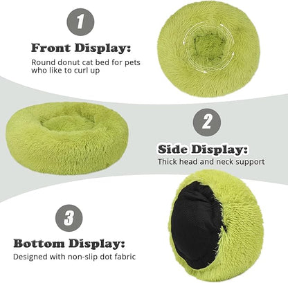 Calming Donut Dogs Beds for Small Dogs Washable,23inch Plush Round Pet Bed for Cozy Sleep,Fluffy Faux Fur Large Cat Bed,Fits up to 25 lbs Pets,Green