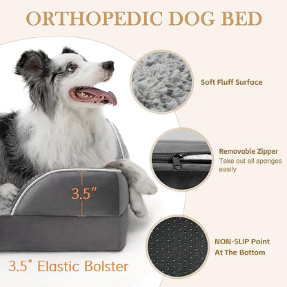 Comfort Expression Orthopedic Dog Bed for Medium Dogs 28x19 Inch, Waterproof Supportive Egg Crate Foam Medium Pet Bed with Removable Bolsters, Dog Couch with Washable Cover & Non-Slip Bottom, Grey