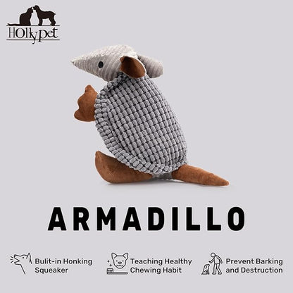 Hollypet Plush Dog Squeaky Toy Stuffed Armadillo Animal Pet Puppy Chew Toys with Clean Teeth for Small Medium Large All Breed Sizes Dogs, Dark Gray, 10 in