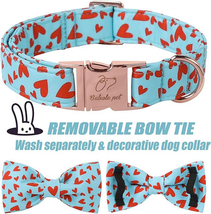 Valentines Dog Collar with Bow Tie - Red Heart Pattern Blue Bowtie Dog Collar Adjustable Heavy Duty Valentines Dog Collars for Small Medium Large Dogs XL