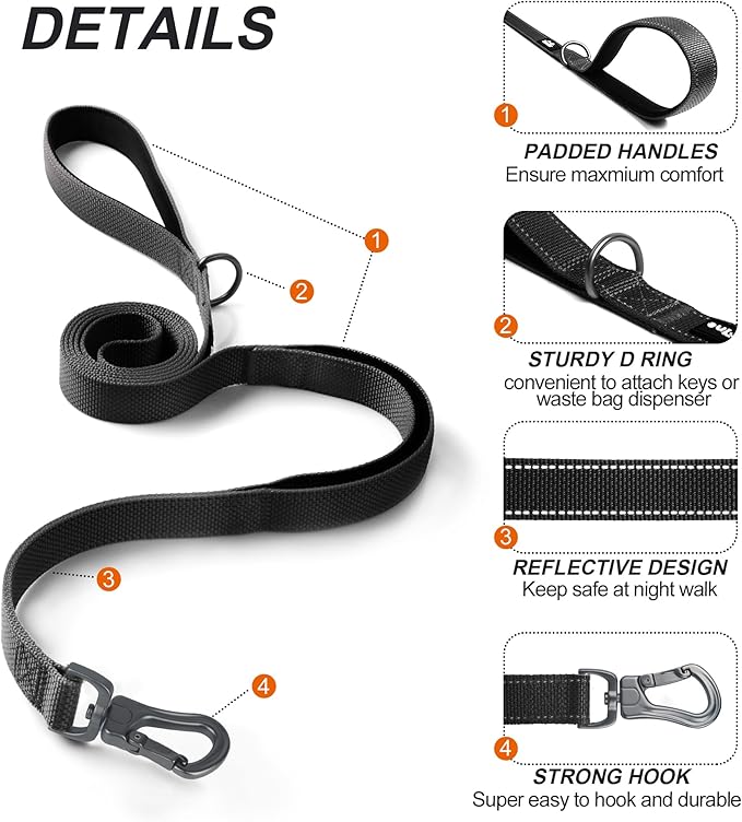 TwoEar 5FT 1IN Strong Black Dog Leash with 2 Padded Handles, Traffic Handle Extra Control, Comfortable Soft Dual Handle, Auto Lock Hook, Reflective Walking Lead for Small Medium and Large Dogs