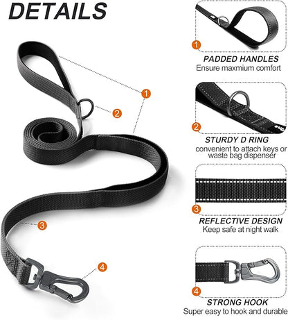 TwoEar 5FT 1IN Strong Black Dog Leash with 2 Padded Handles, Traffic Handle Extra Control, Comfortable Soft Dual Handle, Auto Lock Hook, Reflective Walking Lead for Small Medium and Large Dogs