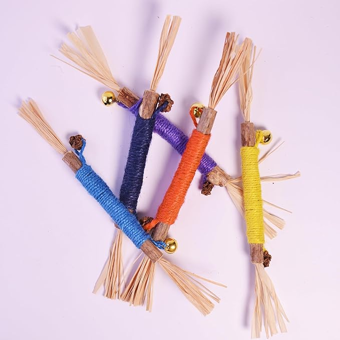 JoyArrive Natural Dried Matatabi Cat Chew Stick with Gall Fruit, Raffia Grass & Bell Cat Ball Toys, Handmade Silvervine Sticks Interactive Catnip Toys for Teething & Entertainment (Size M Color D)