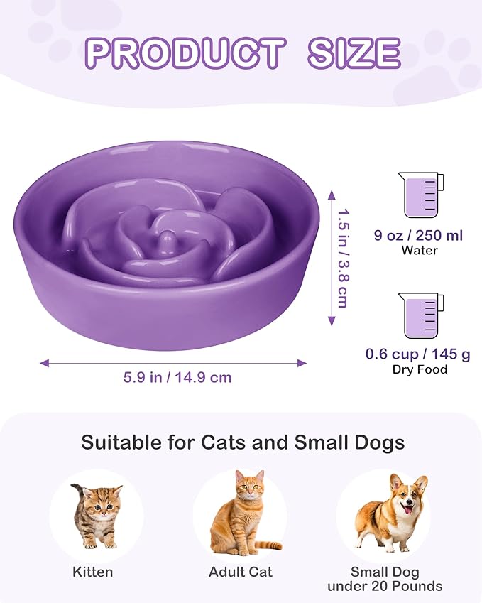 TRUVIC Ceramic Slow Feeder Dog Bowls Small Breed, 0.6 Cup Slow Feeder Cat Bowls for Fast Eaters, Ceramic Dog Food Dish no Black Chin, Puzzle Bowl for Small Dogs and Cats, Purple
