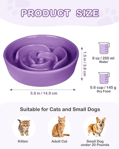 TRUVIC Ceramic Slow Feeder Dog Bowls Small Breed, 0.6 Cup Slow Feeder Cat Bowls for Fast Eaters, Ceramic Dog Food Dish no Black Chin, Puzzle Bowl for Small Dogs and Cats, Purple
