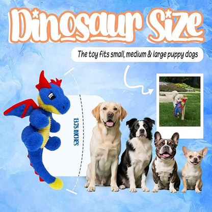 Original Blue Dinosaur Dog Toy - Soft Plush Dog Toys for Small Medium Large Dogs（13.78''） - Cute Dog Squeak Toys with 5 Crinckle Papers & 2 Squeakers